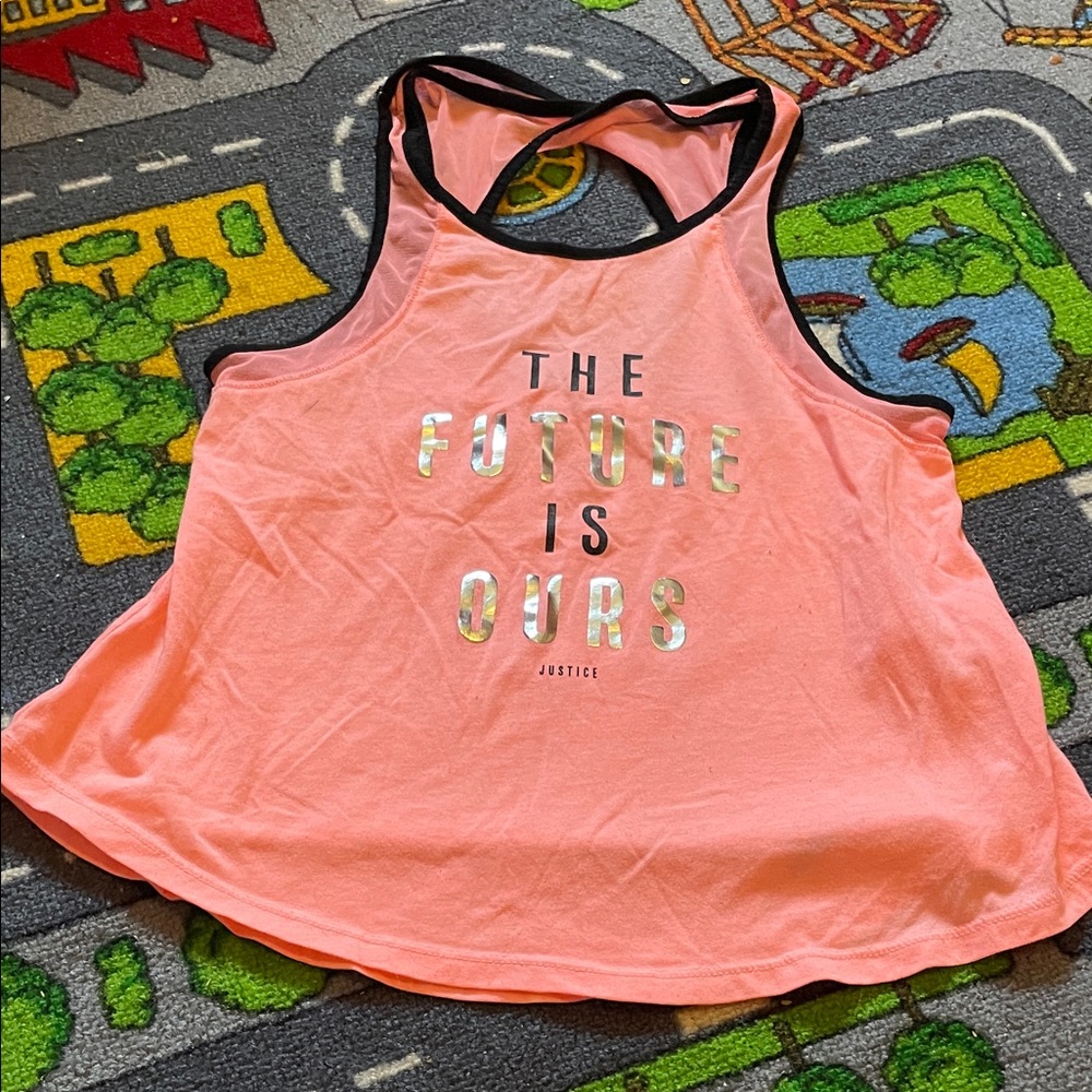 Justice Coral Pink Racerback Tank with Metallic Silver Text